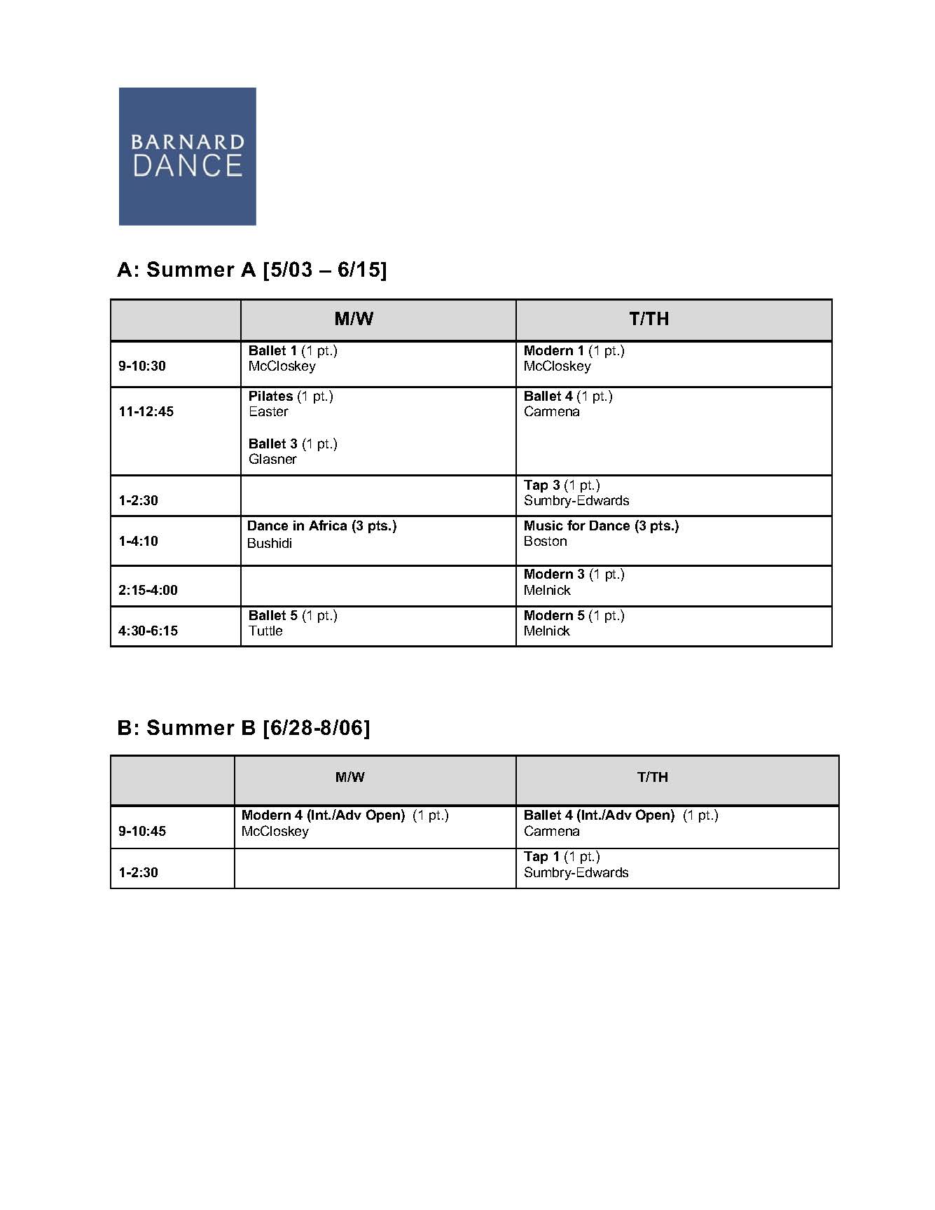 Summer 2021 Block Schedule Barnard College